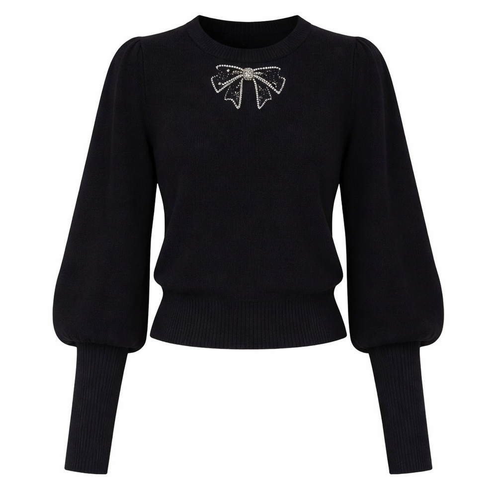 NWT Women’s Small | CeCe | Oversized Black Sweater Bow Embellished Knit